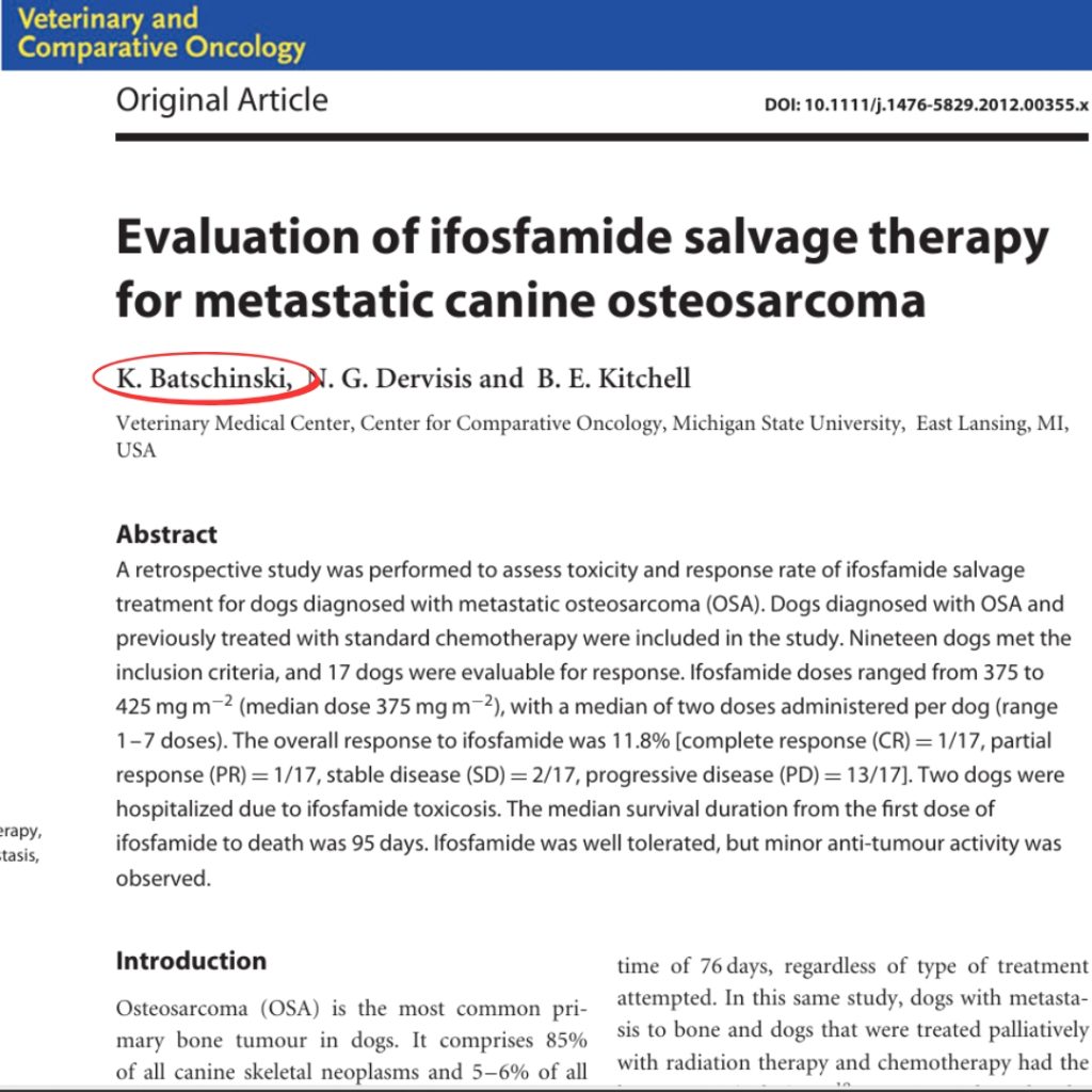 Evaluation of ifosfamide salvage therapy for metastatic canine osteosarcoma